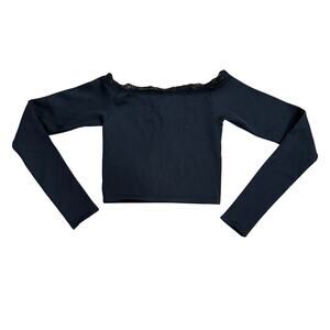 Out From Under Black Off Shoulder Lace Trim Ribbed Crop Top XS/S Long Sleeve